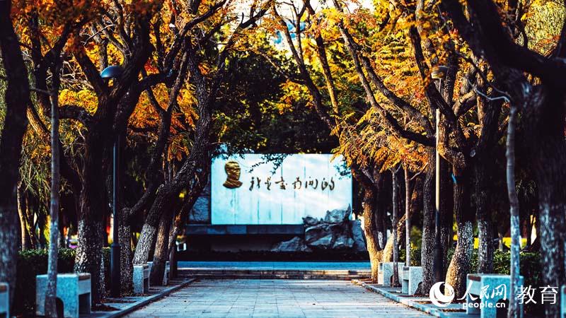 南開(kāi)大學(xué) 通往馬蹄湖湖心島的小徑秋意濃濃 （高鵬/攝）