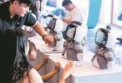 在第三屆軟件創(chuàng)新發(fā)展大會(huì)上，一名小女孩與陪伴機(jī)器人互動(dòng)。中新社記者 張暢攝